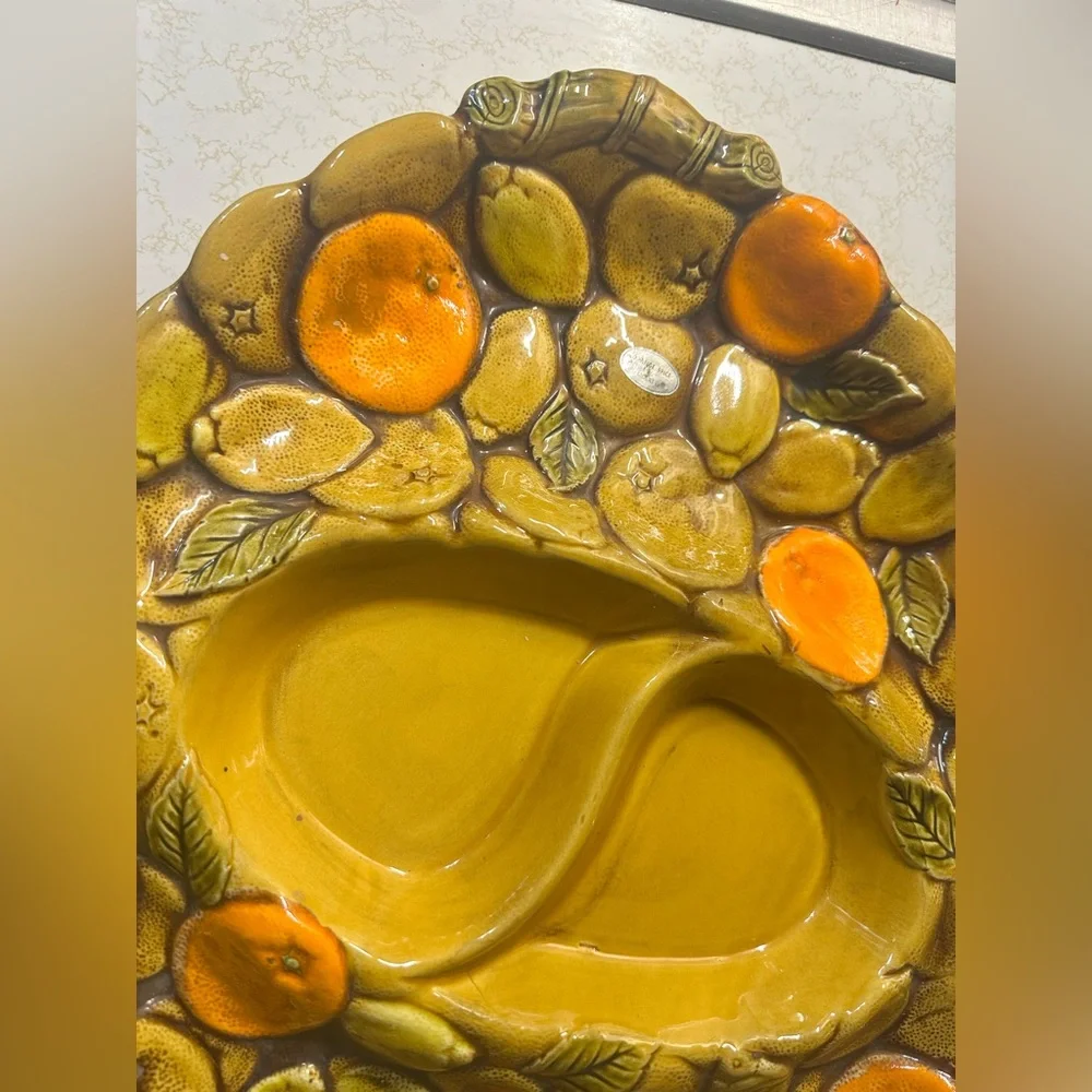 Vintage Mid-Century Modern Glazed Ceramic Divided Serving Tray 3D Fruit Motif